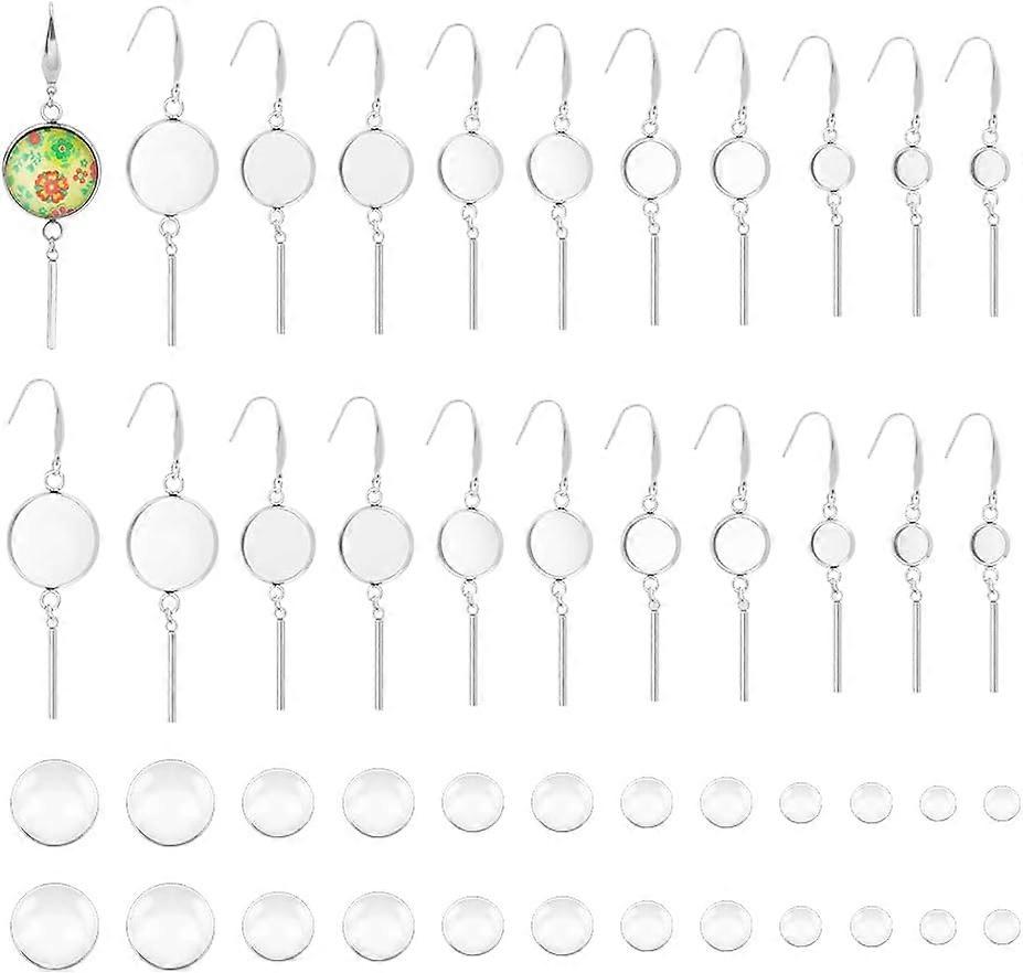24 Sets 6 Sizes DIY Blank Dome Dangle Earring Making Kit Stainless Steel Earring Hooks with Flat Round Tray Blank Earring Pendants Setting Metal Dangl