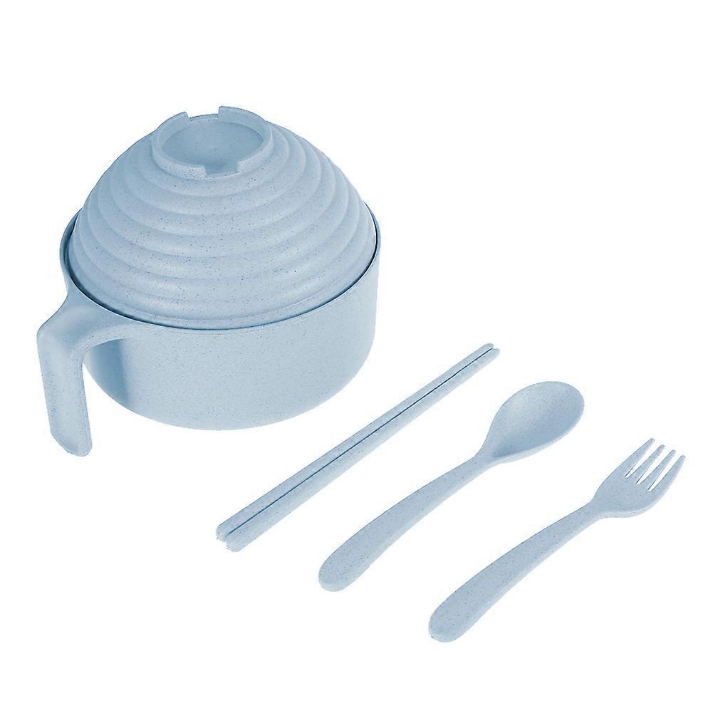 Wheat Straw Pot Set with Chopsticks Fork Spoon Bowl Tableware for Students Dorms (Blue)