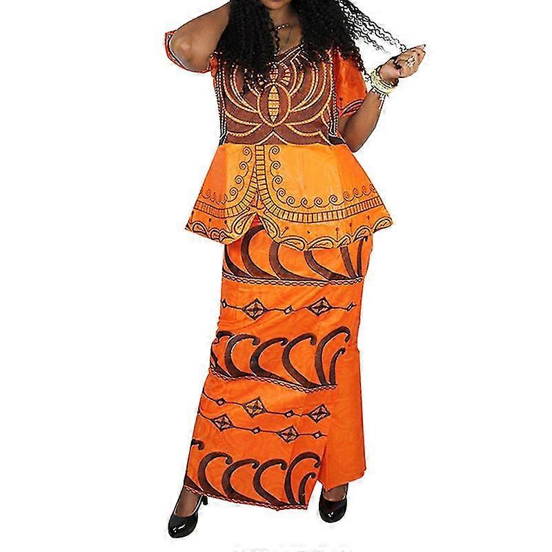Tidoirsa Afrika Elbiseleri Kadınlar İçin Zarif Nakış Kısa Kollu Fırfır Üst Maksi Etekli (3 Adet)