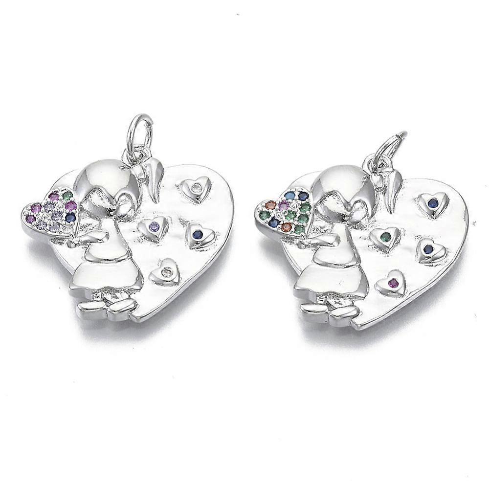 10pc Brass Micro Pave Cubic Zirconia Pendants Nickel Free with Jump Rings for Mother's Day Heart with Girl Colorful Real Platinum Plated 19.5x20.5x3mm