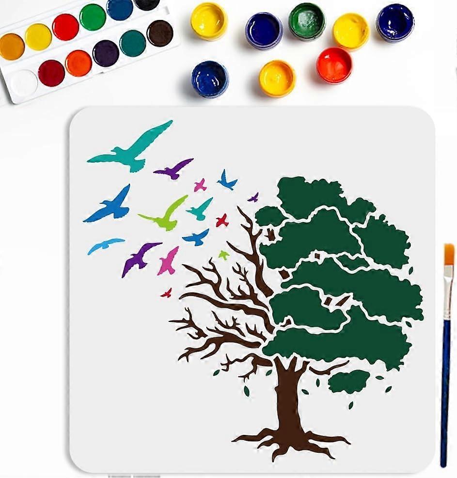 Tree Bird Stencil 11.811.8inch Large Flying Bird Branch Leaves Stencils with Paint Brush