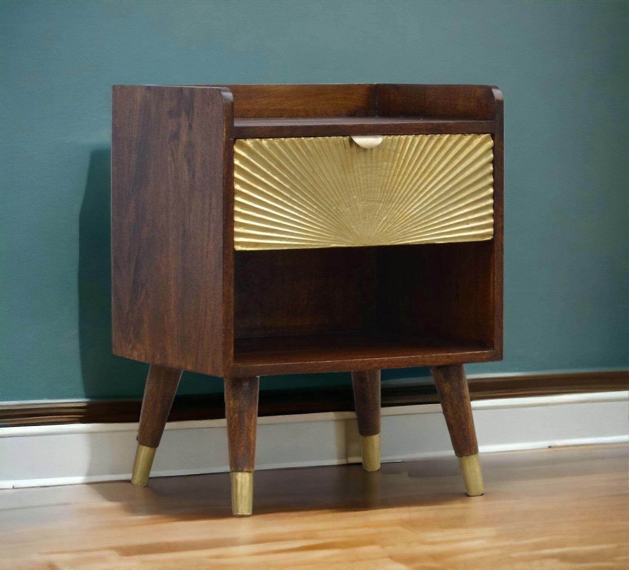 Gold Bedside Table With Brass Drawer  In Dark Finish