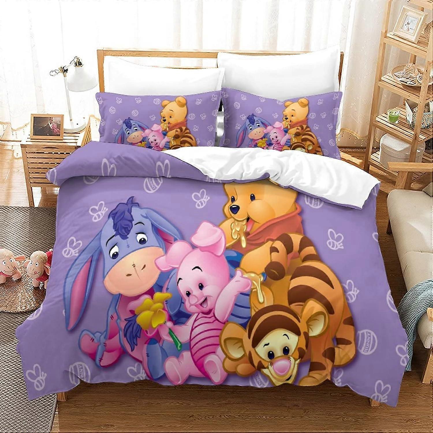 Winnie the Pooh D Cartoon Duvet Cover Animated Characters Soft Microfiber Bedding Set with Zipper Closure Piece Set for Kids Teens