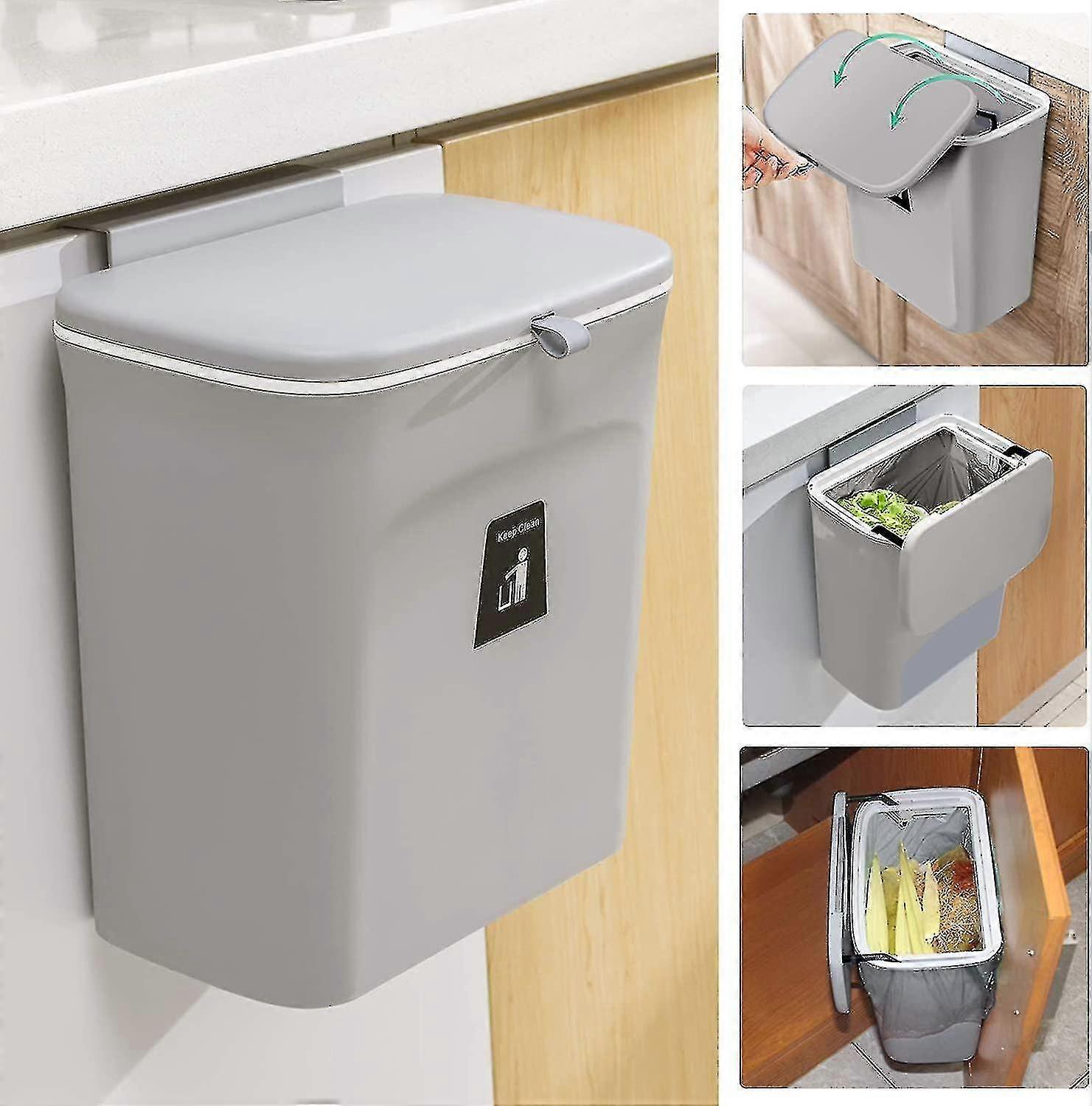 2.4 Gallon Kitchen Compost Bin For Counter Top Or Under Sink, Hanging Small Trash Can With Lid For Cupboard/bathroom/bedroom/office/camping, Mountable