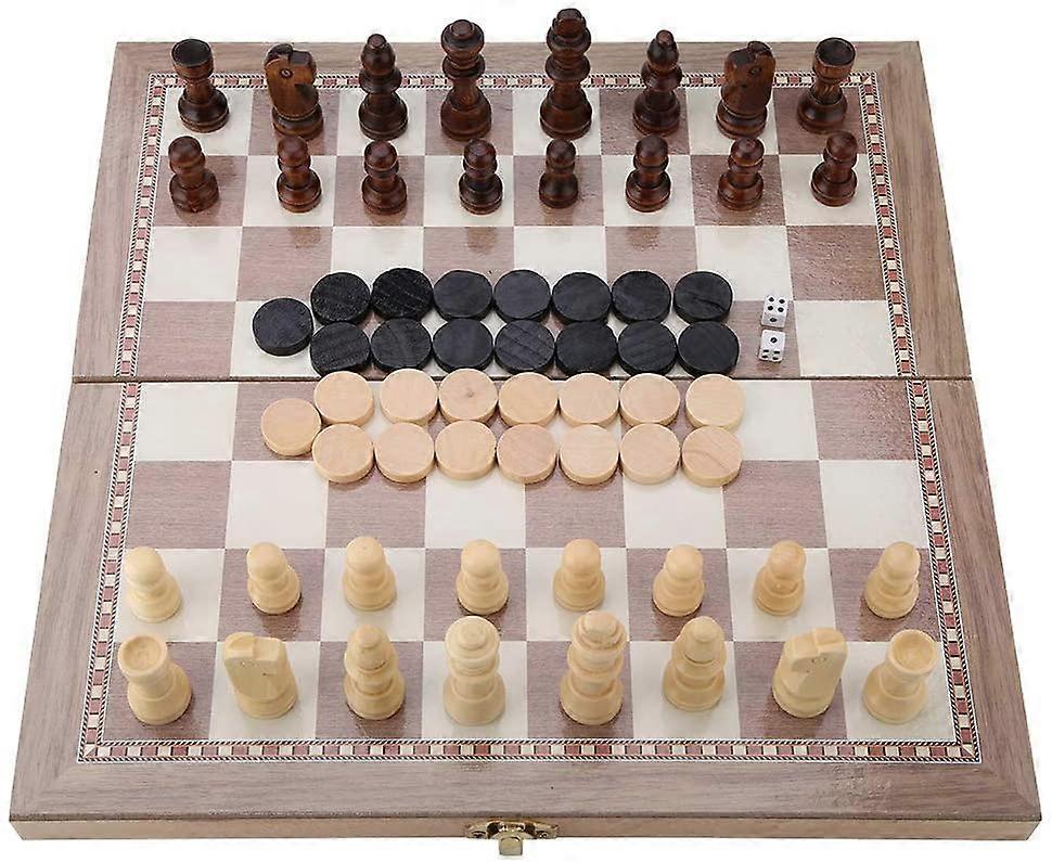 Schackset, 12"x12" Trä 3-i-1 Schack & Schack & Backgammon Fällbräda