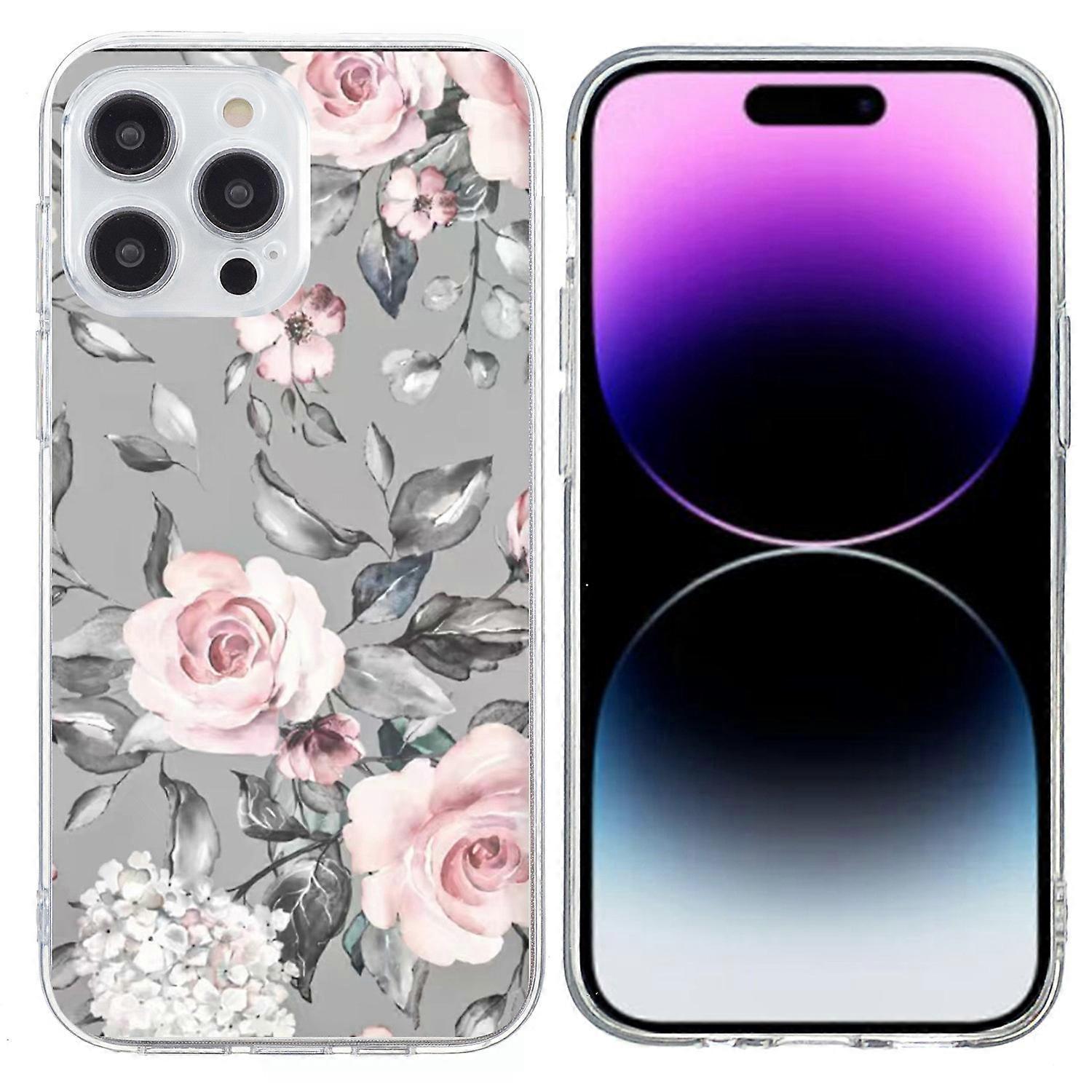 For iPhone 15 Pro Max Case Pattern Printing Shockproof Soft TPU Phone Cover - Grey Background Flower