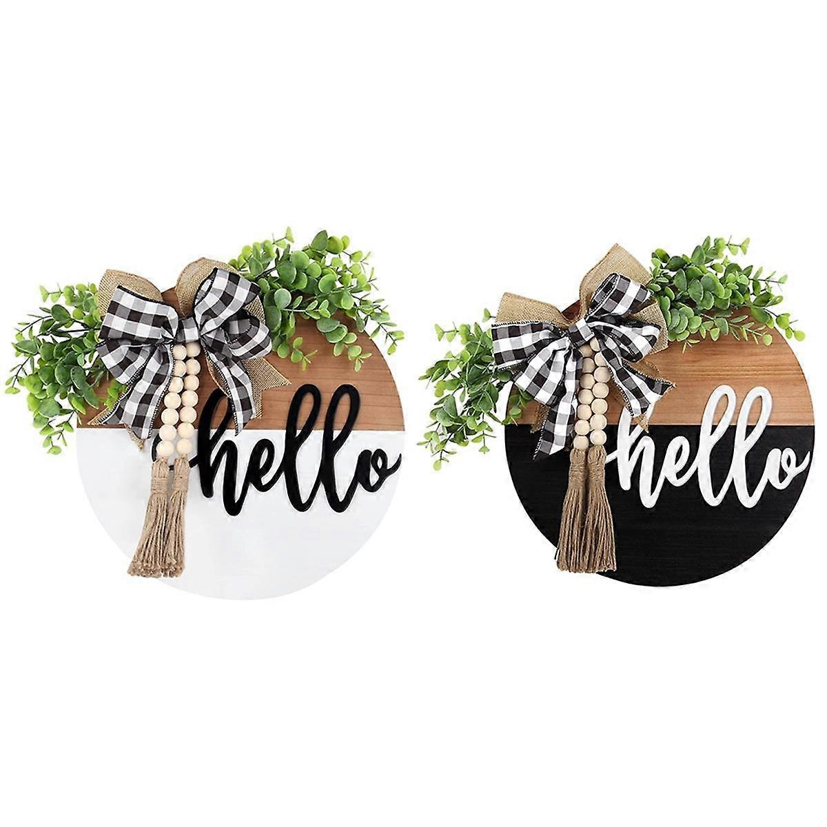 ドアウェルカムサイン 丸型 Hello 木製ドアサイン ファームハウス フロントポーチ
