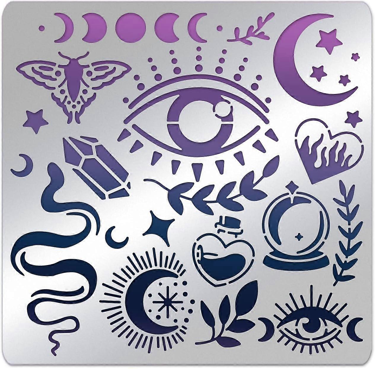 Witchcraft Theme Stencils 15.6x15.6cm The Devil's Eye Snake Moon Stainless Steel Stencil for Drawings and Woodburning Engraving and Scrapbooking