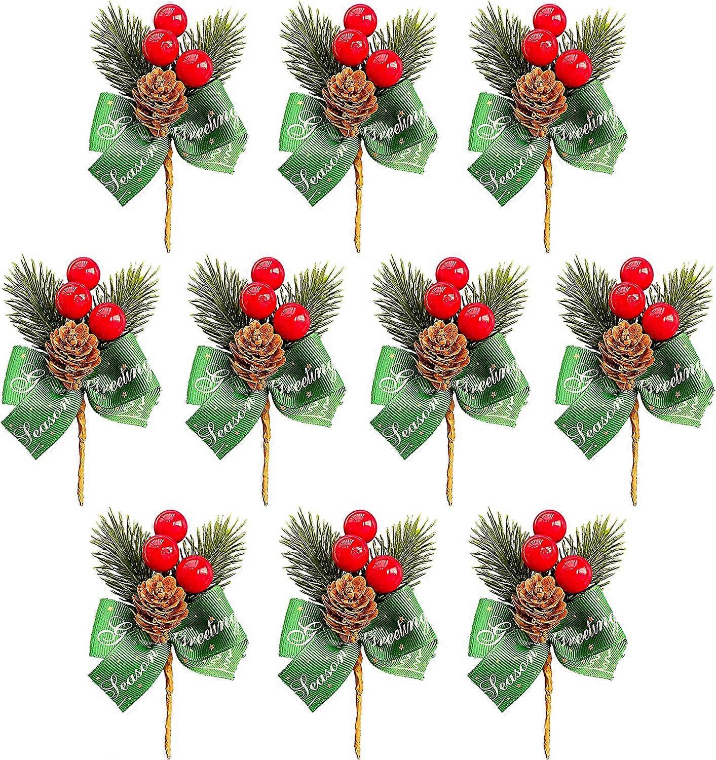 Set of 20 Artificial Pine Needles with Red Pine Cones Stems with Bow for Christmas Tree Decorations
