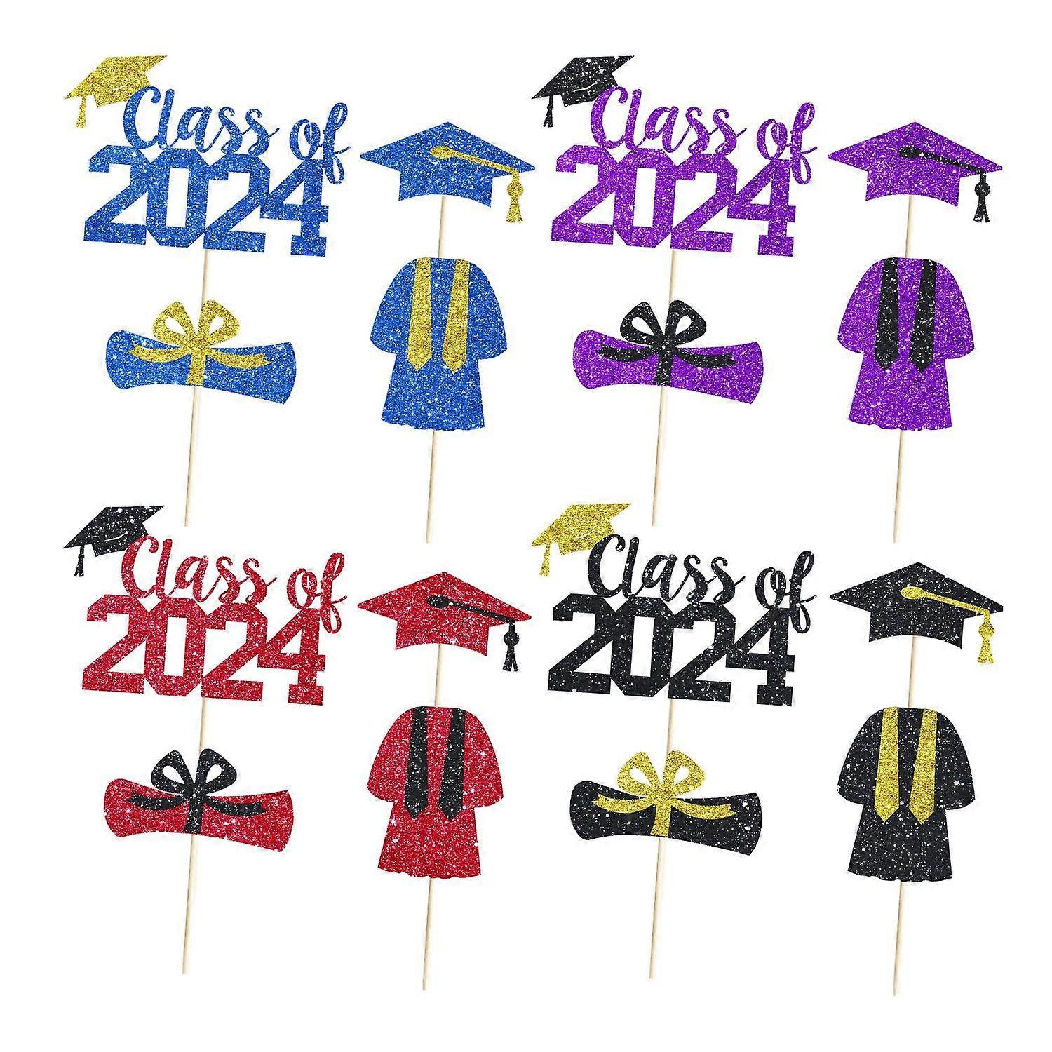 4/16Pcs Cake Toppers 2024 Graduation Table Centerpieces Eco-Friendly Reusable Sparkling Design Cake
