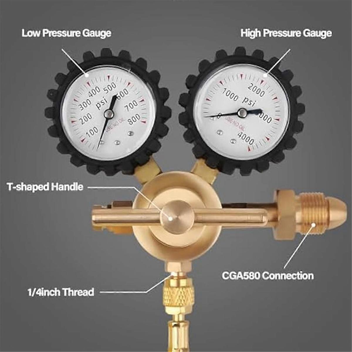 Nitrogenregulator med 0-800 PSI leveringstryk, slange CGA580 indløbstilslutning og 1/4 tommer han flare-udløbsforbindelse