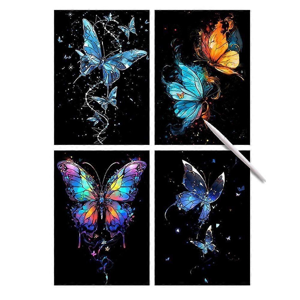 4 Sheets Scratch Paper Art Set A4 Rainbow Painting Scratchboard Kit with Tools Adult Crafts Stress Relief Painting Kit