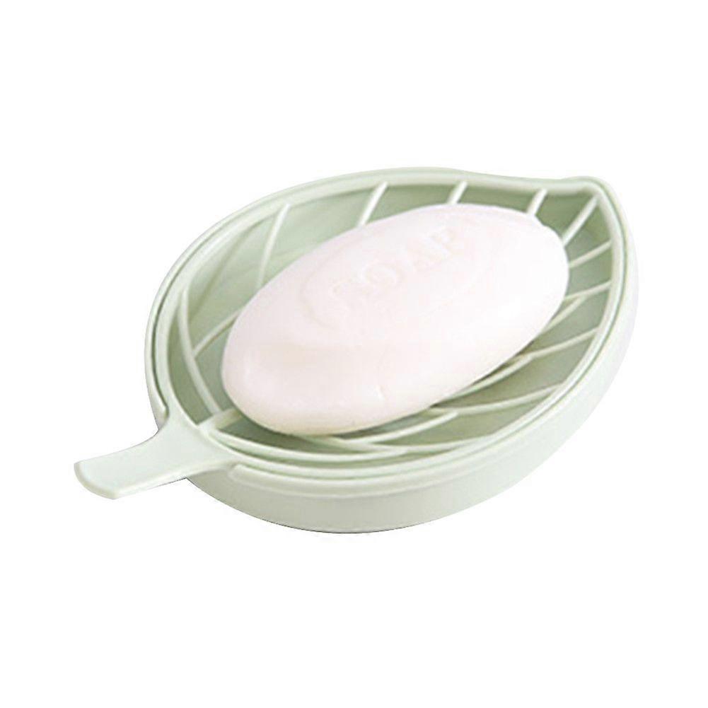 Double Layers Leaf Shape Plastic Soap Dish Box Holder Tray Bathroom Kitchen (Green)