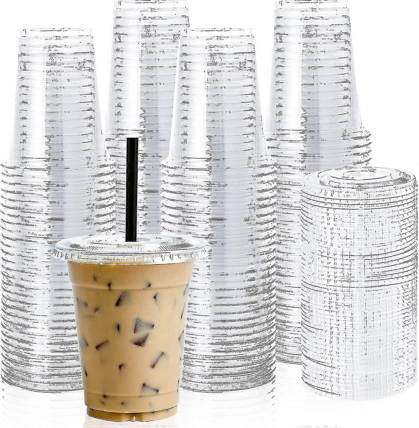 100 Sets 12oz Clear Plastic Cups with Flat Lids, Disposable, for Cold Drinks