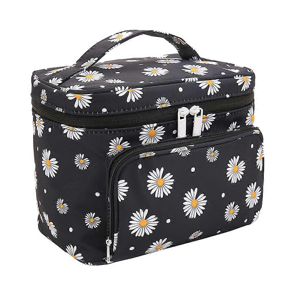 Large Black Daisy Makeup Bag for Travel - Waterproof Cosmetic Organizer with Zipper Closure and Multiple Compartments