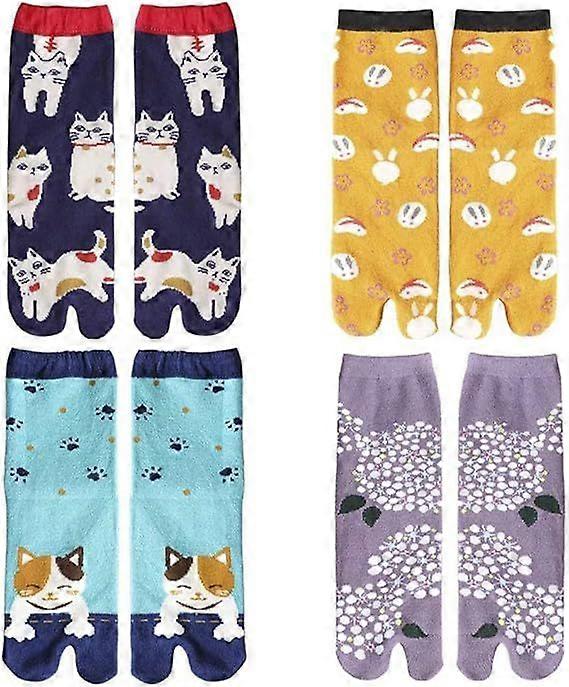 womens 4-Pairs Pack Slippers Split Toe Tabi Ninja Geta Socks, Blue, 7-9
