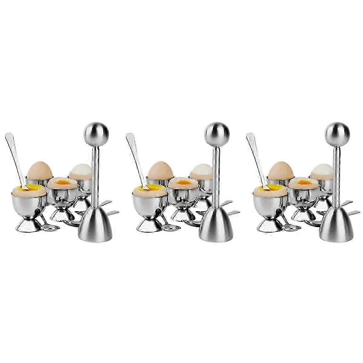 Stainless Steel Egg Cracker Topper Set,Hard Boiled Eggs Separator Holder,12 Spoons,12 Cups,3 Shells