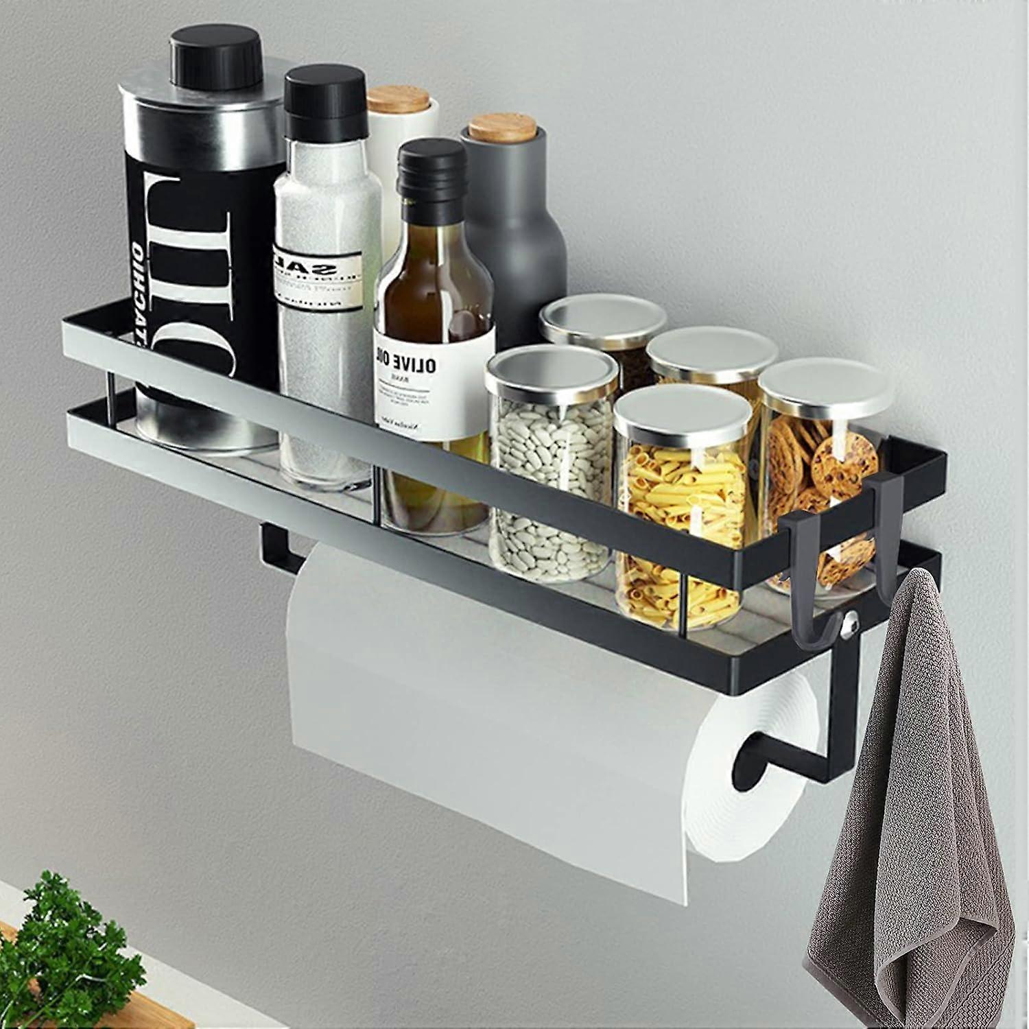 wall-mounted spice rack without drilling, hanging spice storage shelf with kitchen roll holder and 4 removable hooks, 35 cm Black…Lumten