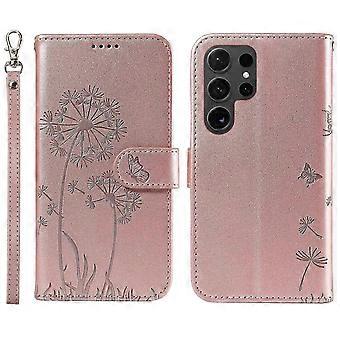 For Samsung Galaxy S24 Ultra Leather Case Wallet Phone Cover Dandelion Imprint - Rose Gold