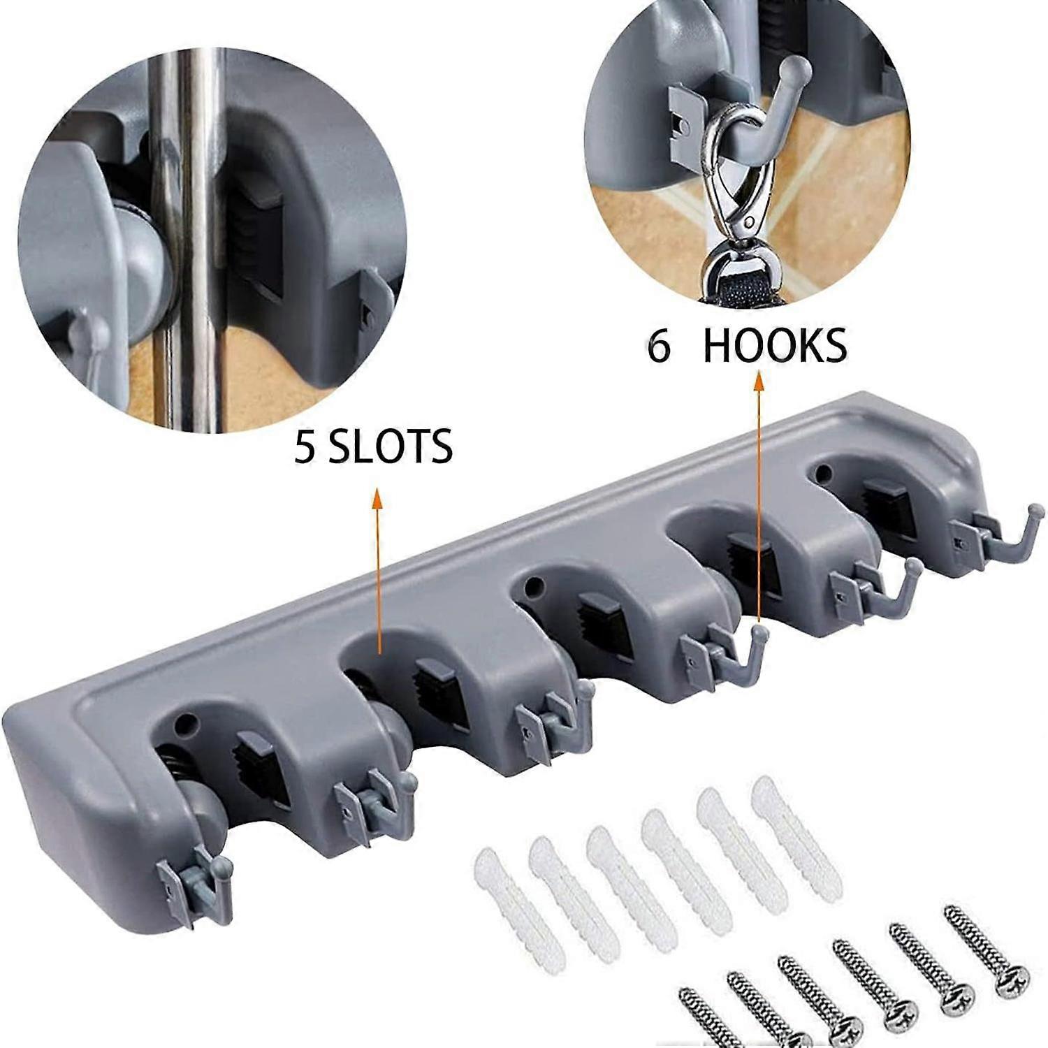 Wall Mounted 5 Positions Mop Broom Holder Tool with 2 Hooks