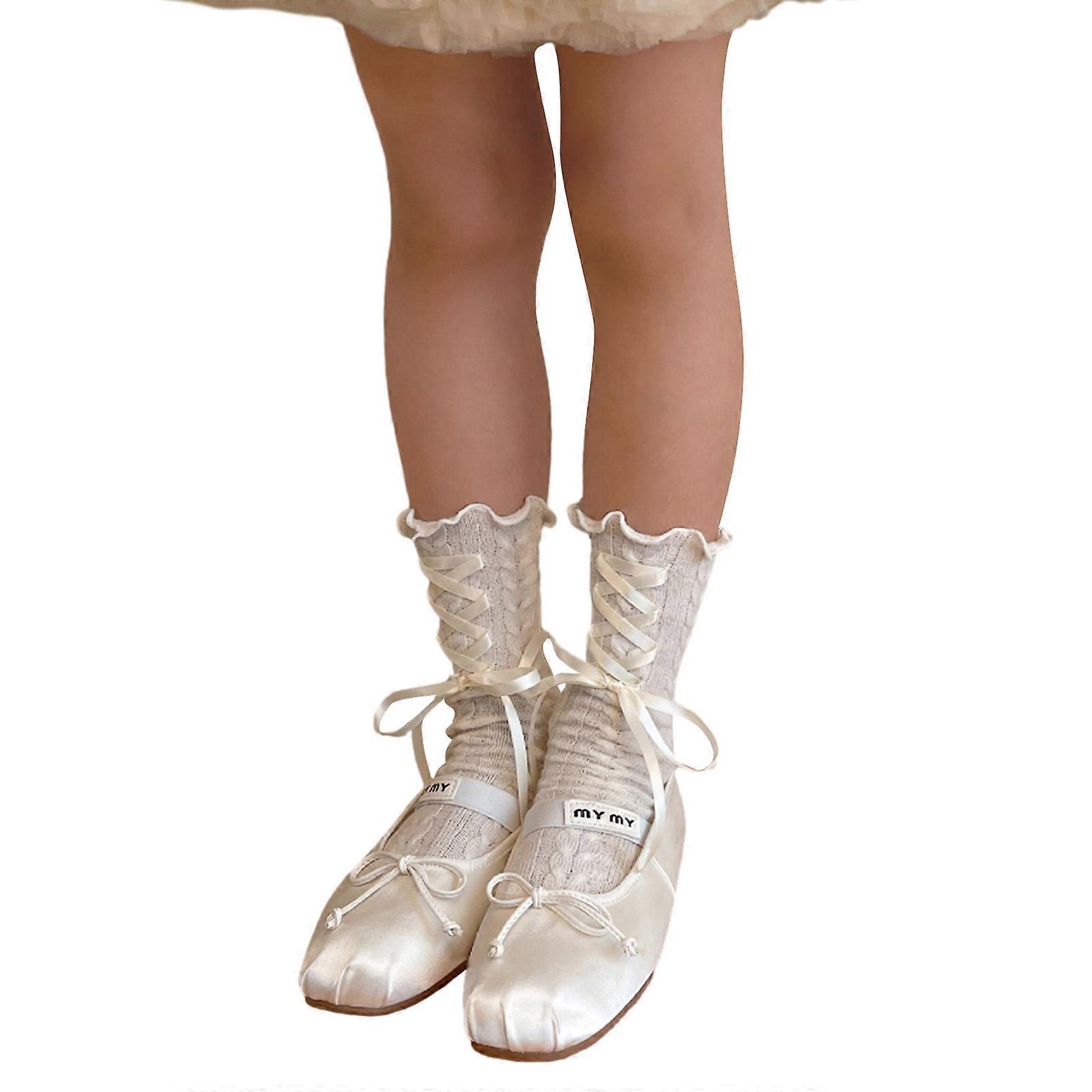1 Pair Girls Cute Ruffled Edge Socks Solid Soft & Breathable Medium Length Socks Adjustable Strap Tied Stackable Socks White M