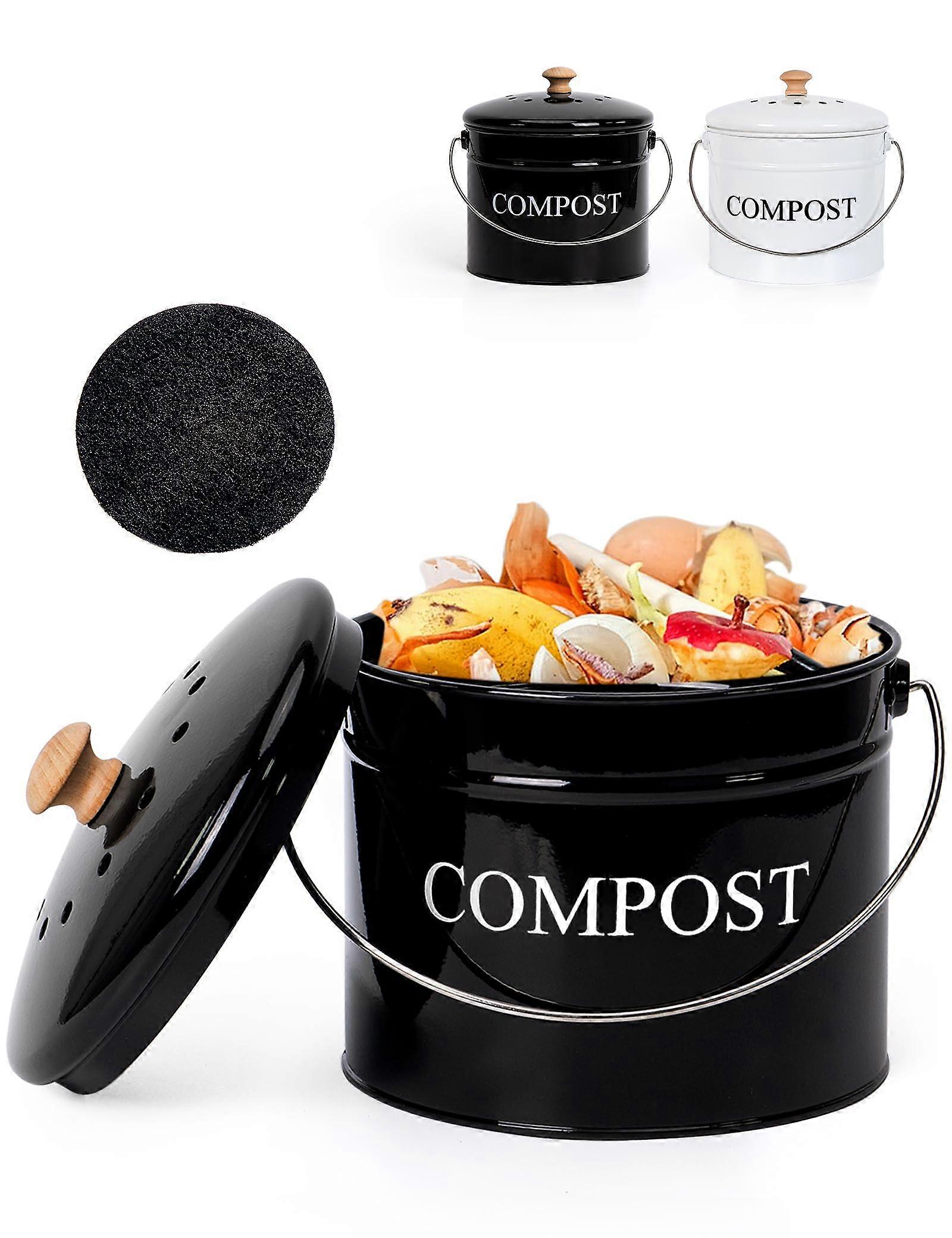 Compost Bin - 1 Gallon Indoor Kitchen Composter with Lid, Charcoal Filters, and Rust Proof Design for Food Waste