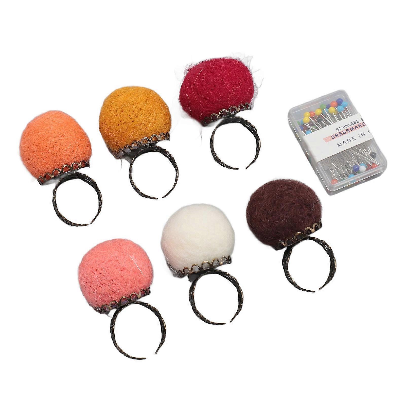 6 قطع شعر دبوس وسادة خواتم مع دبابيس النسيج خمر خفيفة الوزن إصبع دبوس الوسائد للحرف DIY خياطة اللحف الأحمر البني الداكن