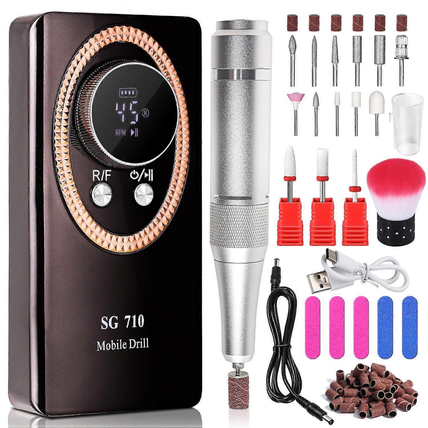 Broca de Unhas Elétrica Profissional 45000RPM Kit, Conjunto de Polimento Portátil com Kit de Bits 13 em 1 Preto