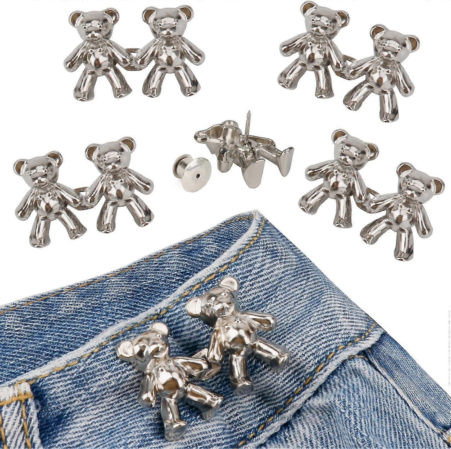 Cute Bear Button Pins for Loose Jeans - No Sew, No Tools Instant Pant Waist Tightener, 4 Sets Jeans Button Replacement Pant Clips for Waist Buckle