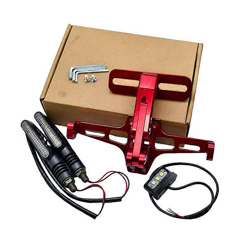 Motorcycle License Plate Bracket Stand Featuring High Visibility Turn and Plate Lights For Enhanced Nighttime Visibility Red