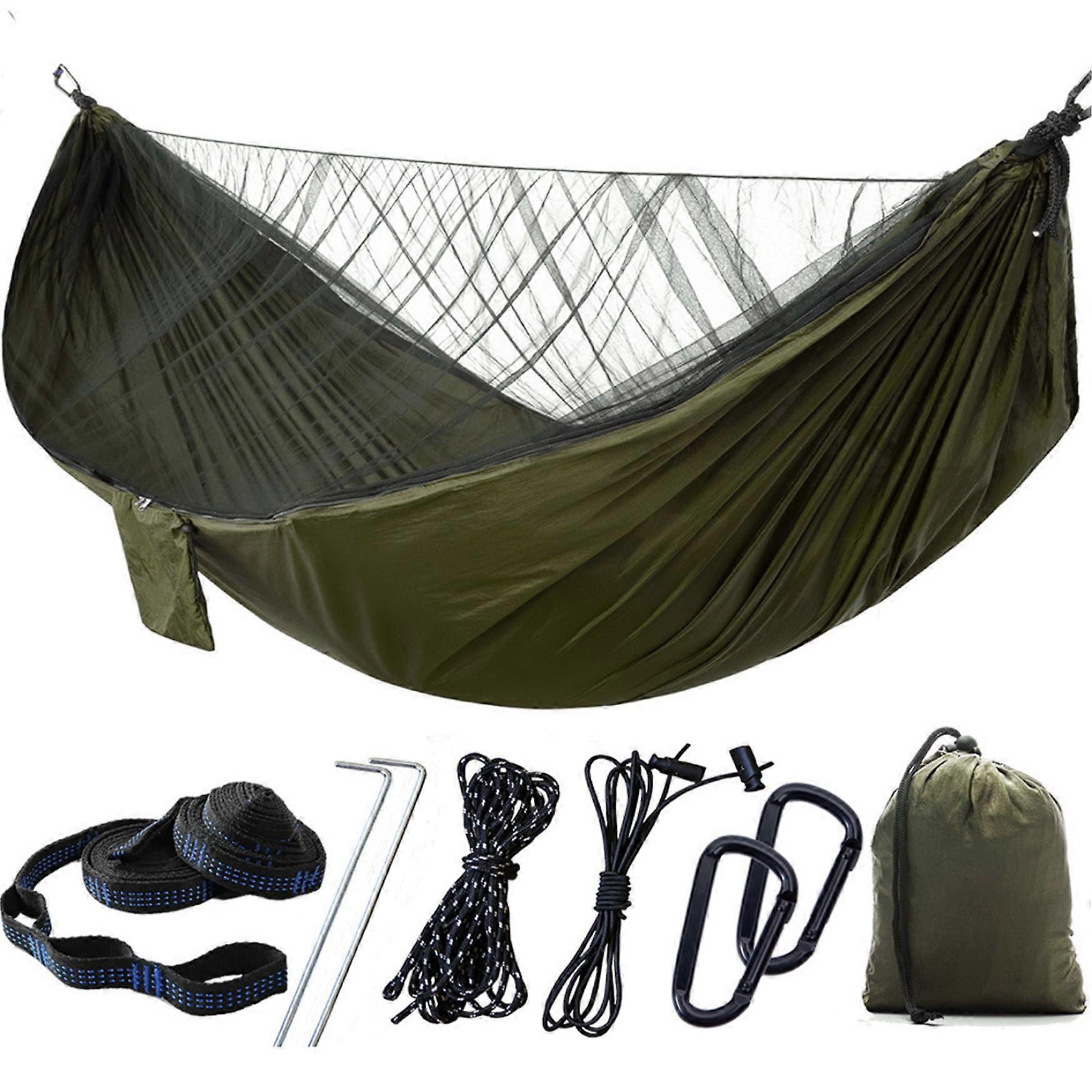 Camping Hammock 114x55, Double Hammock With Anti-Insect Mesh, Nylon Hanging Bed, Setup Kit And Storage Bag, Army Green