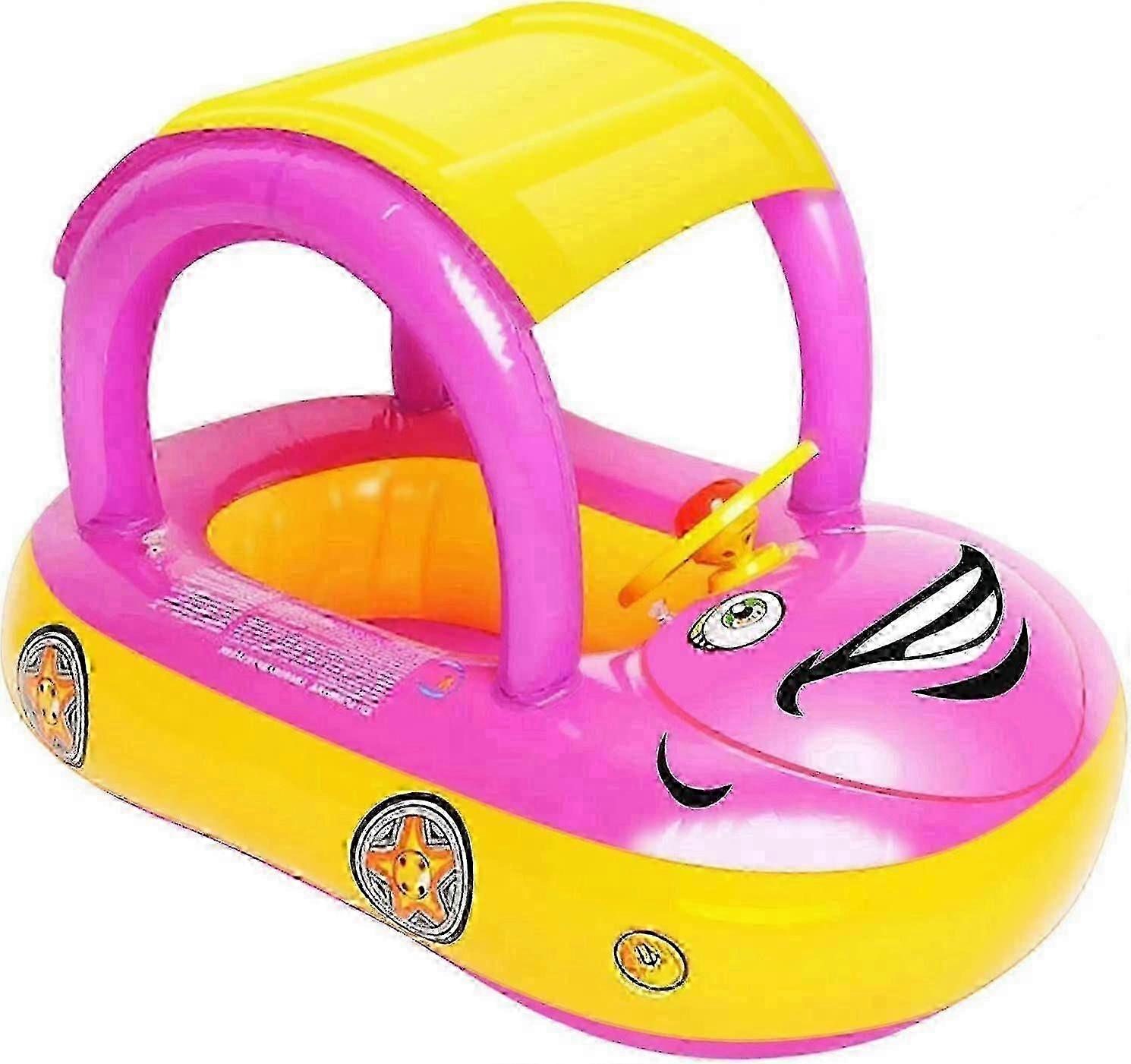 Baby Inflatable Pool Float with Canopy, Car Shaped Swim Float Boat with Sunshade & Steering Wheel, Cartoon Swim Seat Ring for Toddler Infants