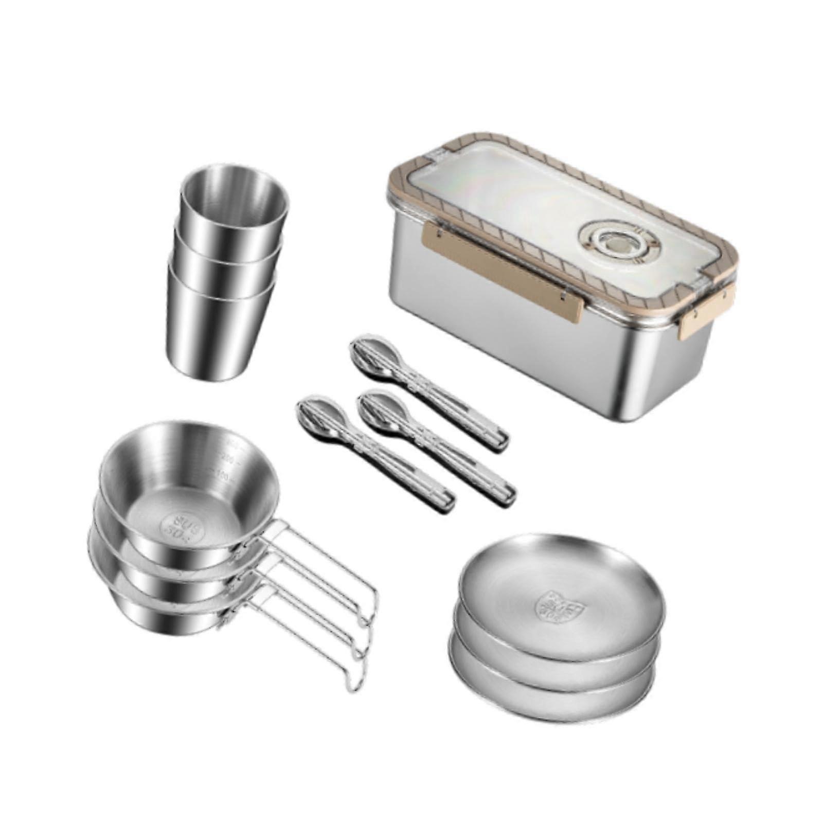 Complete camping mess kit cookware set container, easy to clean outdoor tableware, Castlery organizer for BBQ RV, 3person set.