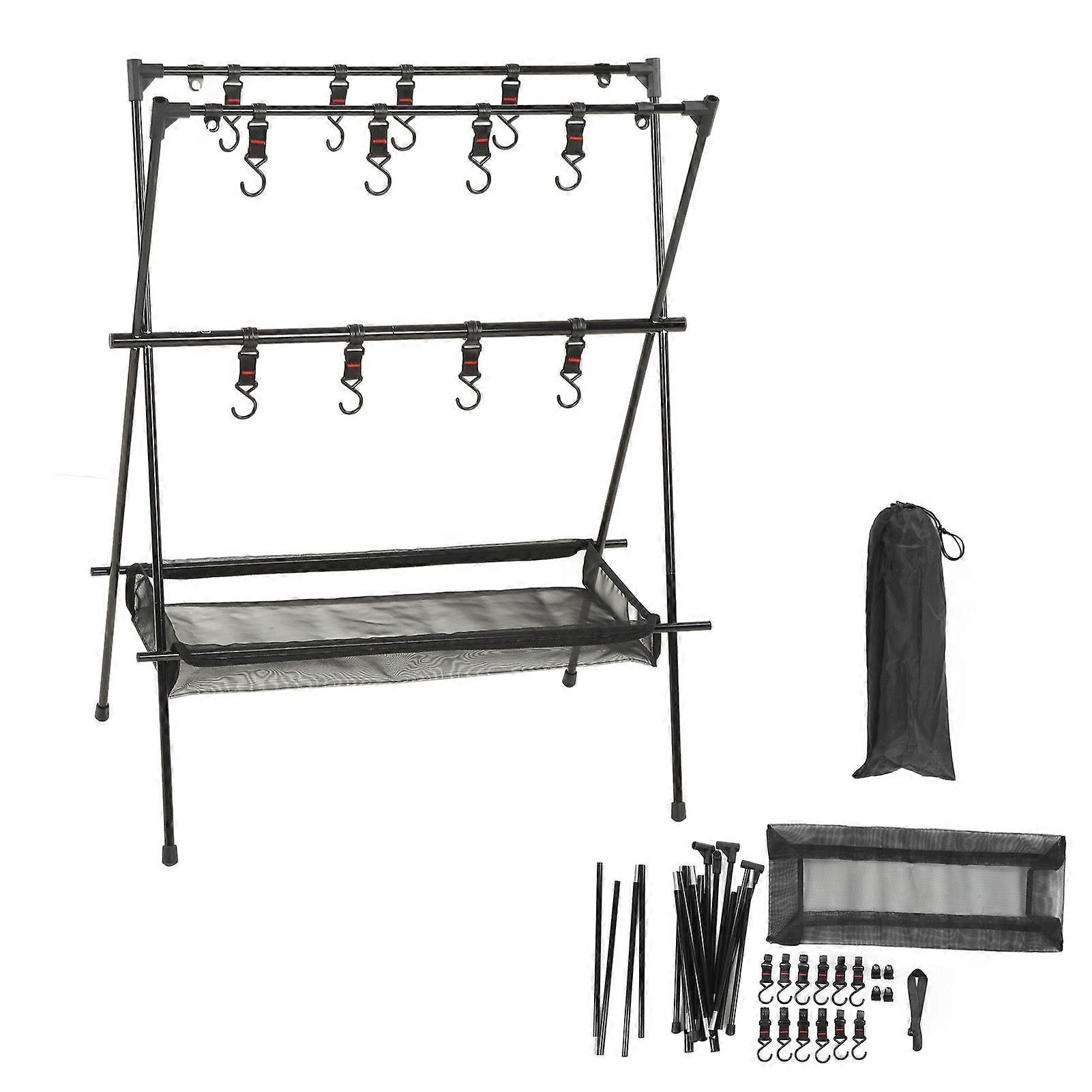 Outdoor Camping Hanging Rack Outdoor Portable Double Layer Camping Rack with Mesh Pocket YMHC
