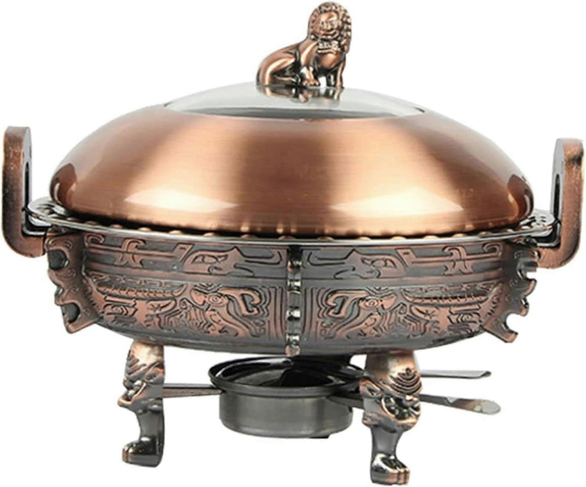 Round Chafing Dish Set for Wedding Banquets, Buffet Warming Tray Stainless Steel with Pan, Frame, Lid (Bronze 28cm)