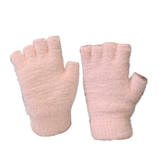 1 Pair Women Winter Half-finger Gloves Faux Fur Thickened Cold Resistant Soft Elastic Warm Knitted Solid Color Five Finger Students Writing Gloves