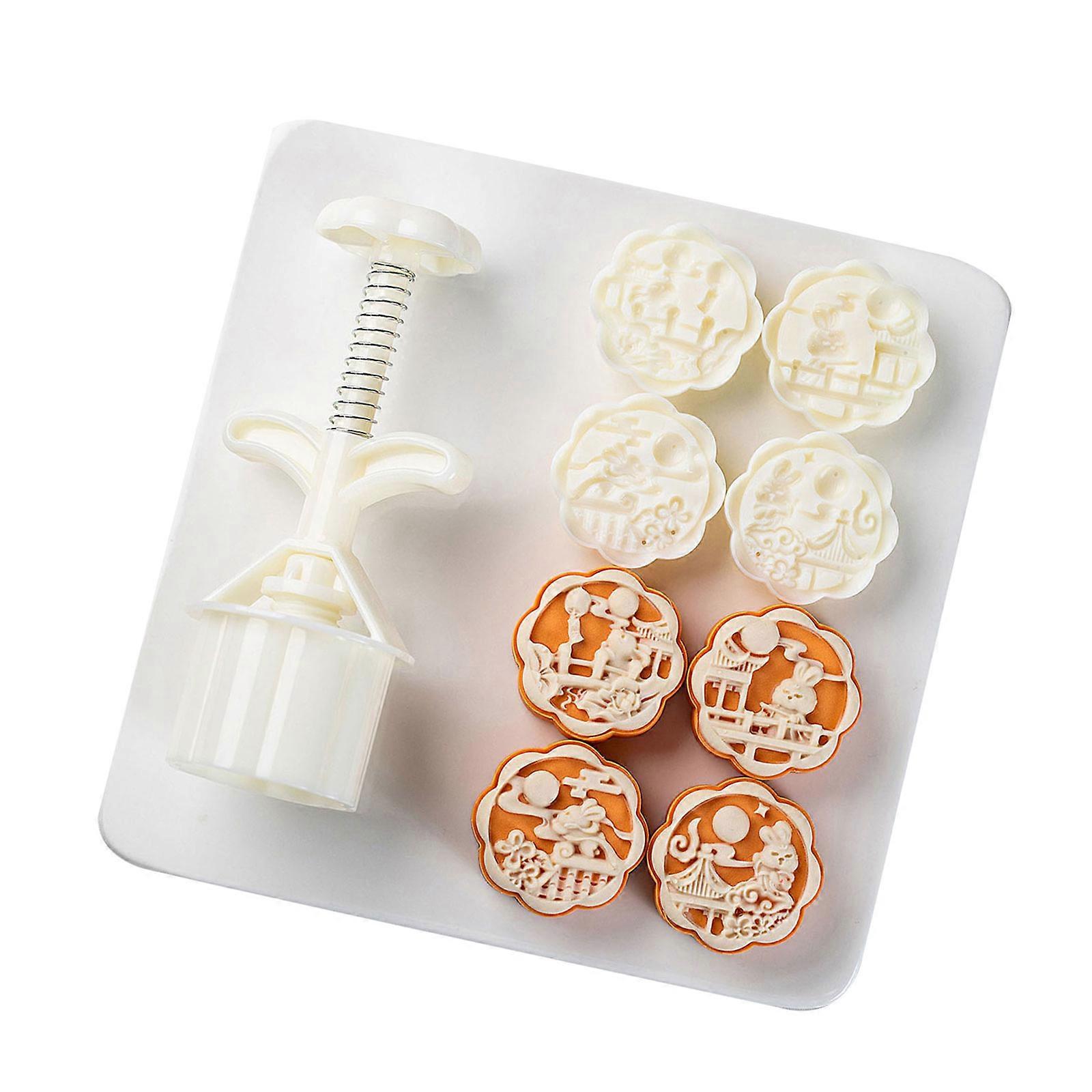 Reusable Plastic Moon Cake Molds Set 4 Stamps 3D Flying Rabbit Design Hand Press Tool For Family Baking Activity Multicolor