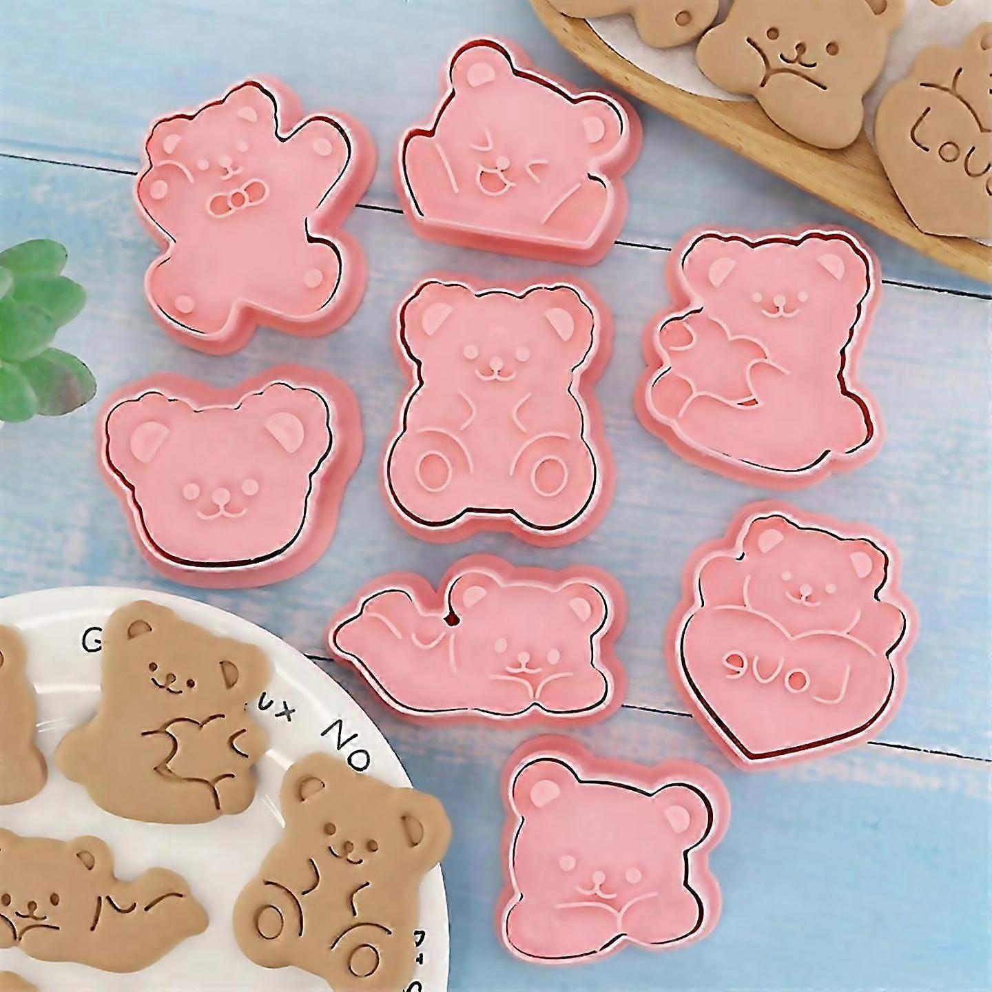 8pcs Cute Bear Shape Biscuit Mold Set Cookie Plunger Hand Pressure