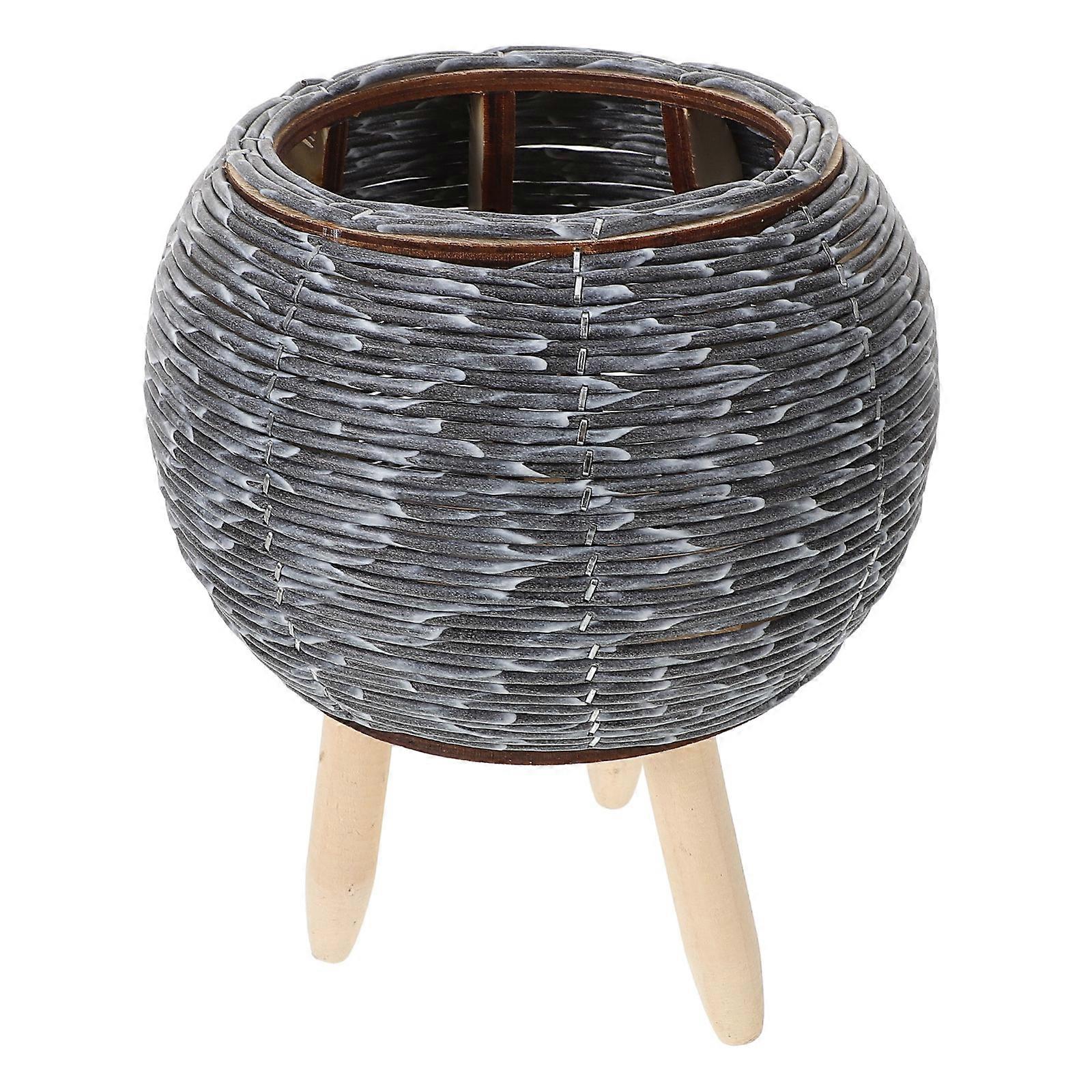 Dark Grey Woven Flower Basket Planter Stand for Home Display 1 Piece Plastic and Wood