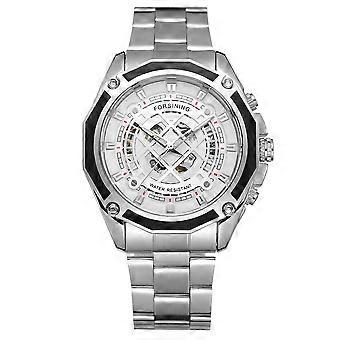 FORSINING Geometry Hollow Automatique Mécanique Montre Hommes Montre-bracelet (cadran blanc bracelet argenté)