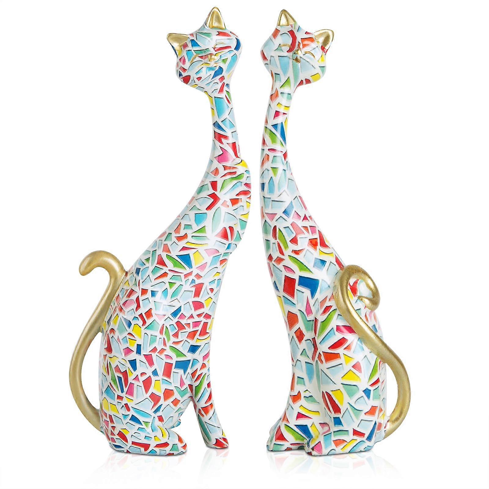 Medieval Cat Decor Set of 2, Resin Cat Statue Figurines Ornaments, 9.6Inch Art Sculptures for Bookshelf Desktop, Bright Y145