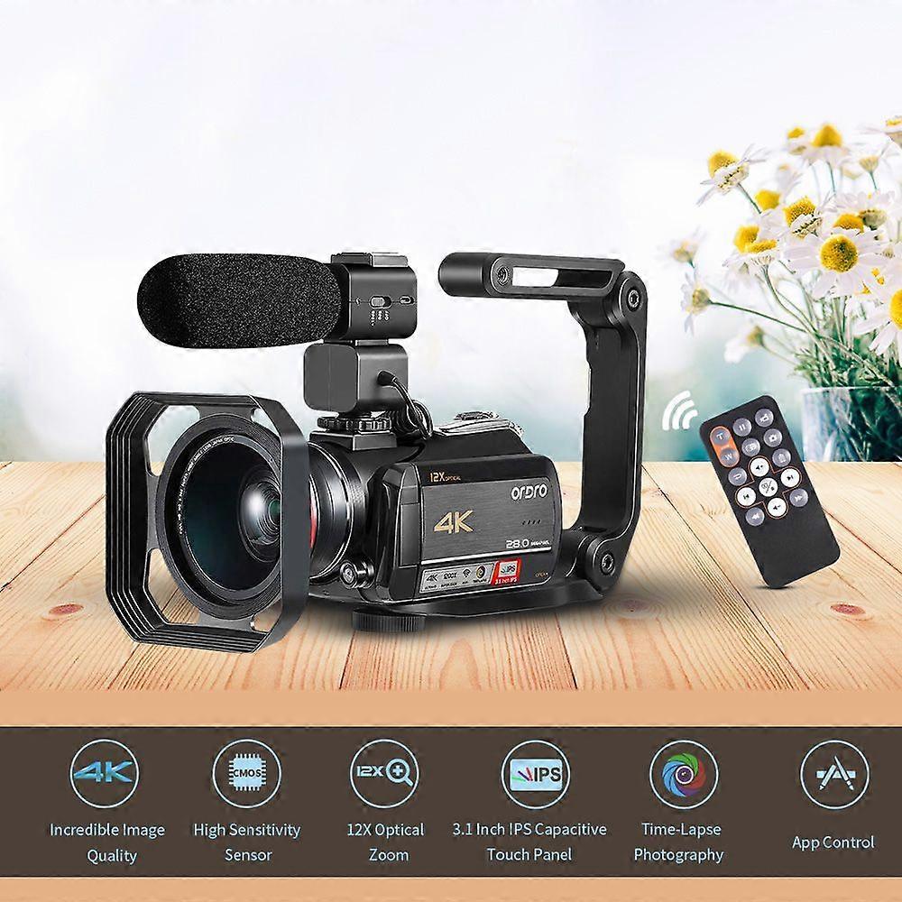 ORDRO AC5 4K WiFi Digital Video Camera Camcorder Recorder DV 28MP 3.1 Inch IPS Touchscreen 12X Optical Zoom Time-Lapse Face Detection Anti-shake with 