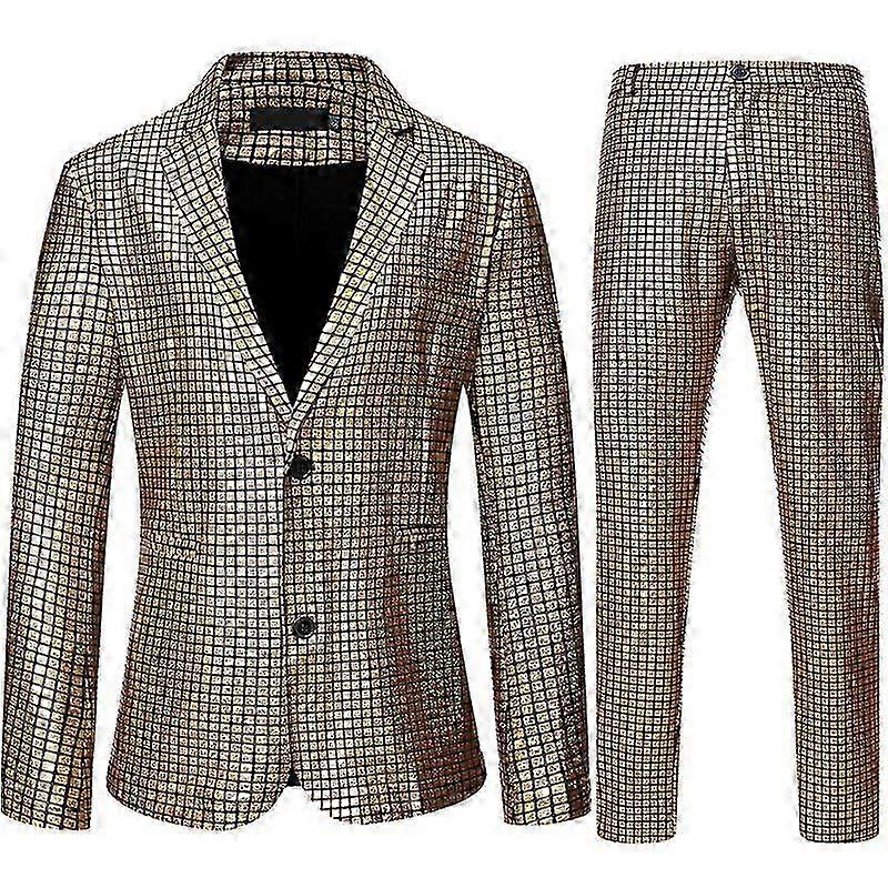 Mens Stage Prom Suits Shiny Rainbow Plaid Sequin Jacket Pants Men D...