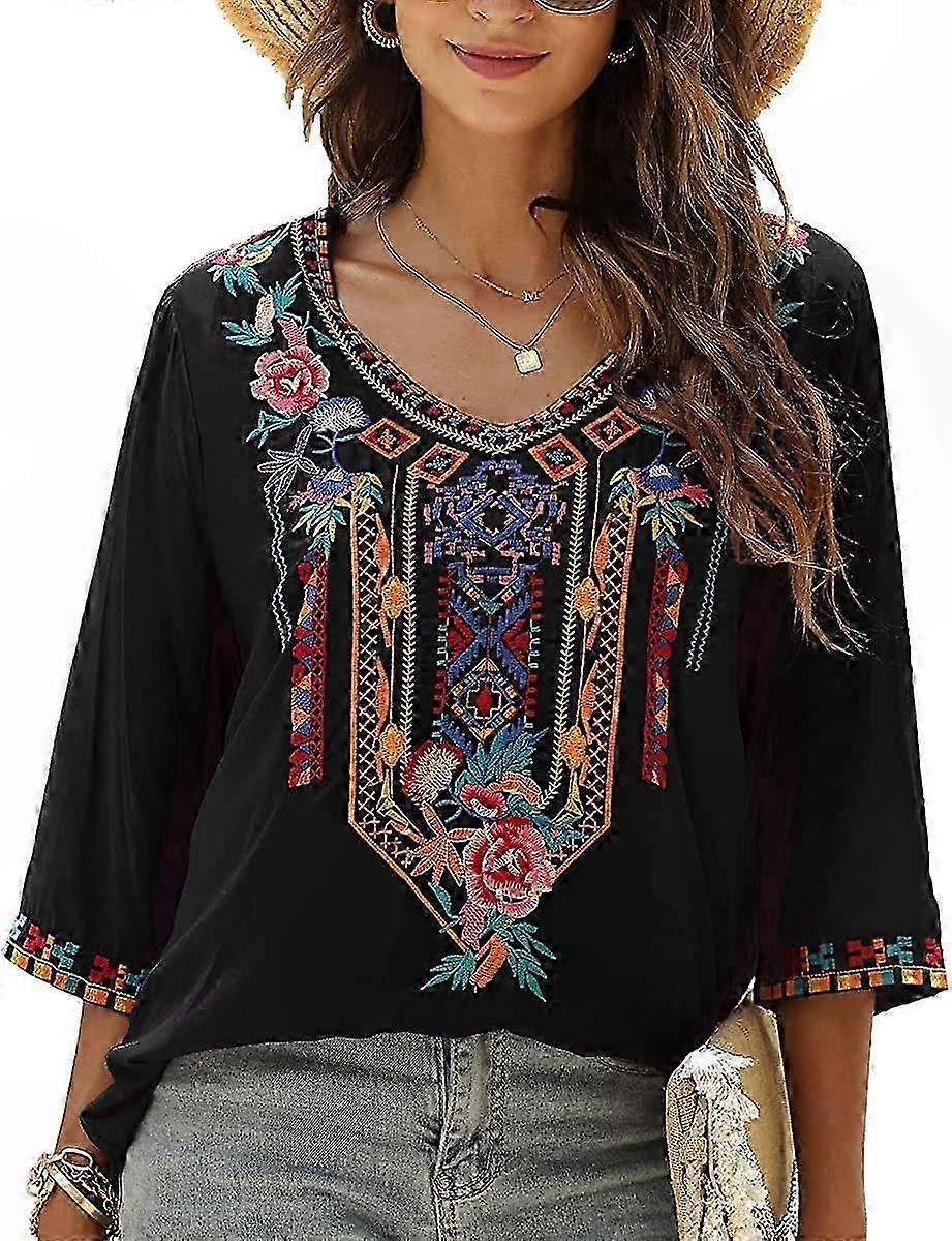 Boho Embroidered V-Neck Blouse for Women - 3/4 Sleeve Casual Tunic Top with Loose Fit and Summer Design