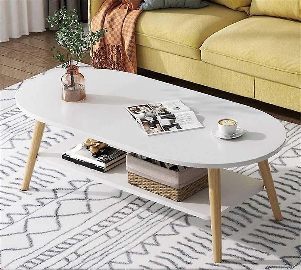 Modern Coffee Table, Solid Wood Oval Center Table with Storage Shelf