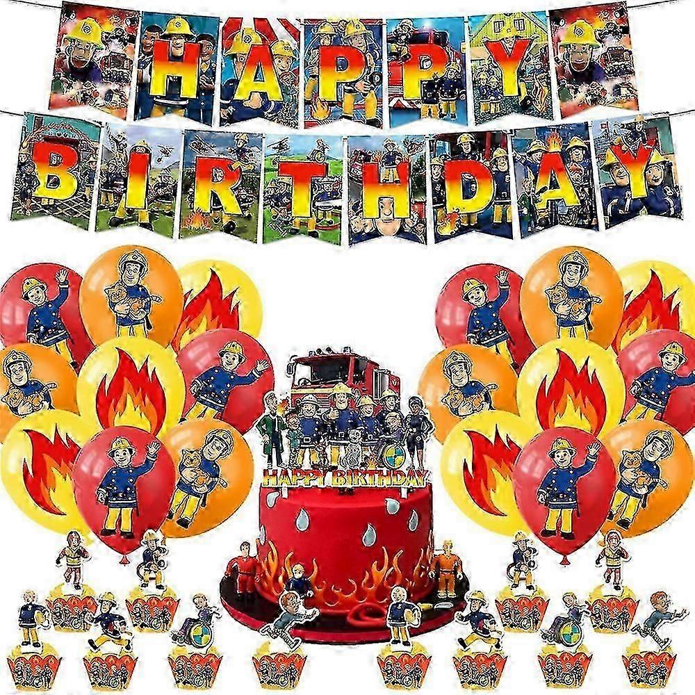 Fireman Sam Birthday Party Decor Balloons Banner Cupcake/Cake Topper Set