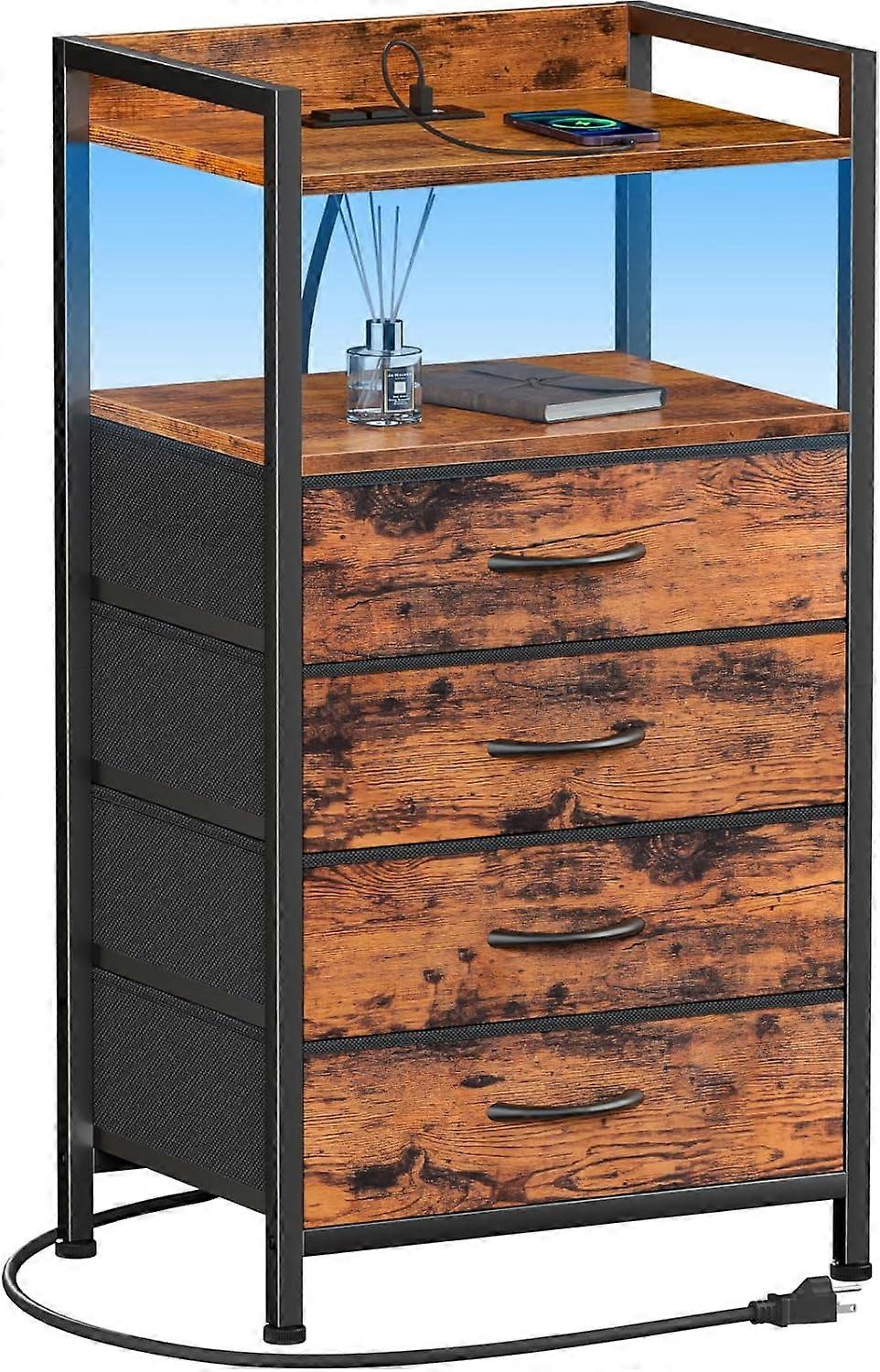 Night Stand with Charging Station & LED Light, 4 Drawer Dresser, Fabric Bins, Metal Frame, Wood Shelf (Rustic Brown)