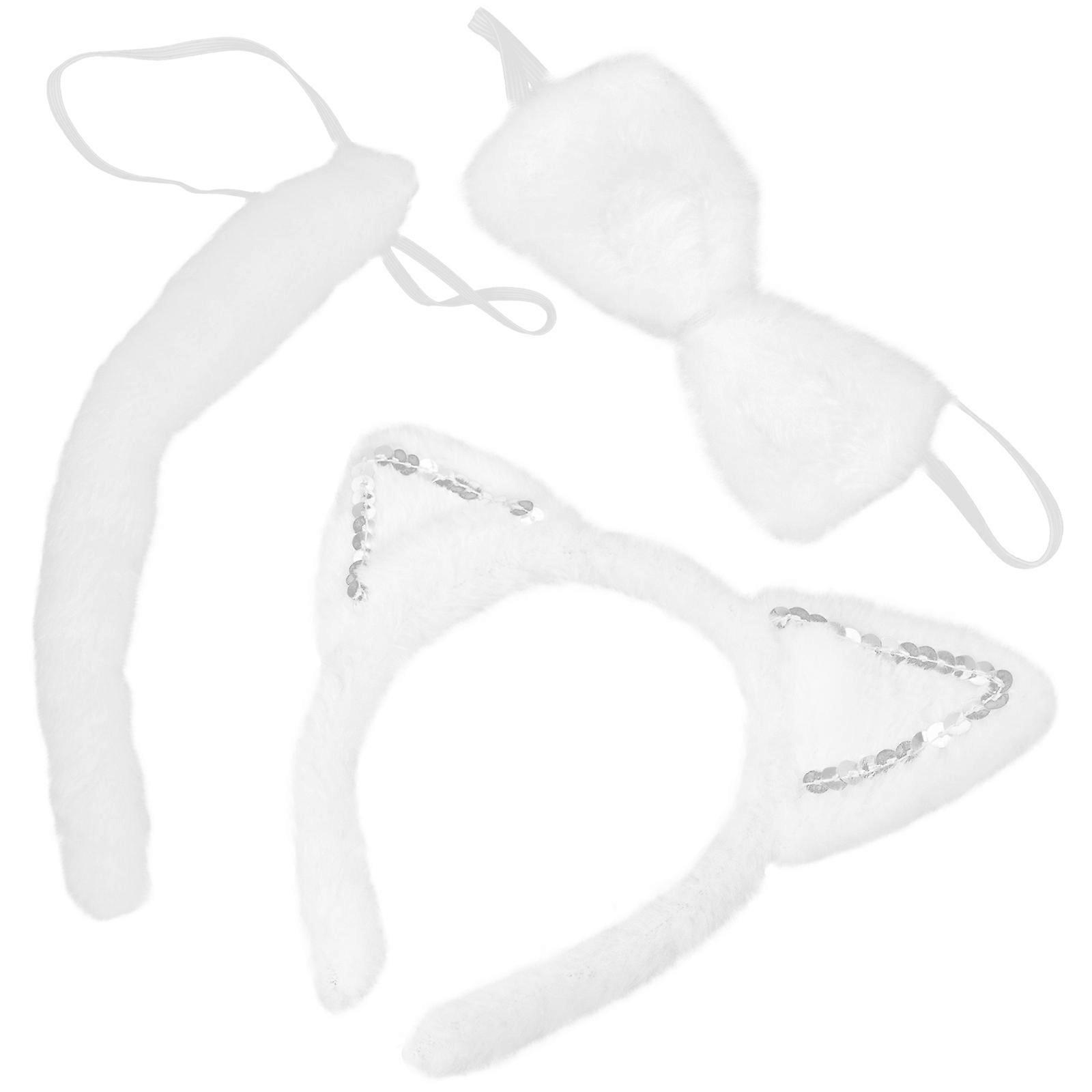 Cat Ears and Tail Set Headband for Party and Cosplay Use 3Sets White