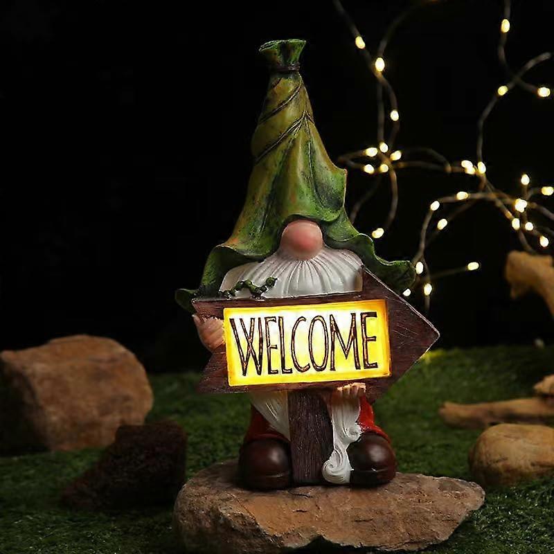 Solar Powered Resin Gnome Statue With Welcome Sign 13 Inch Outdoor WeatherResistant Light Sensor LED Lamp WSL