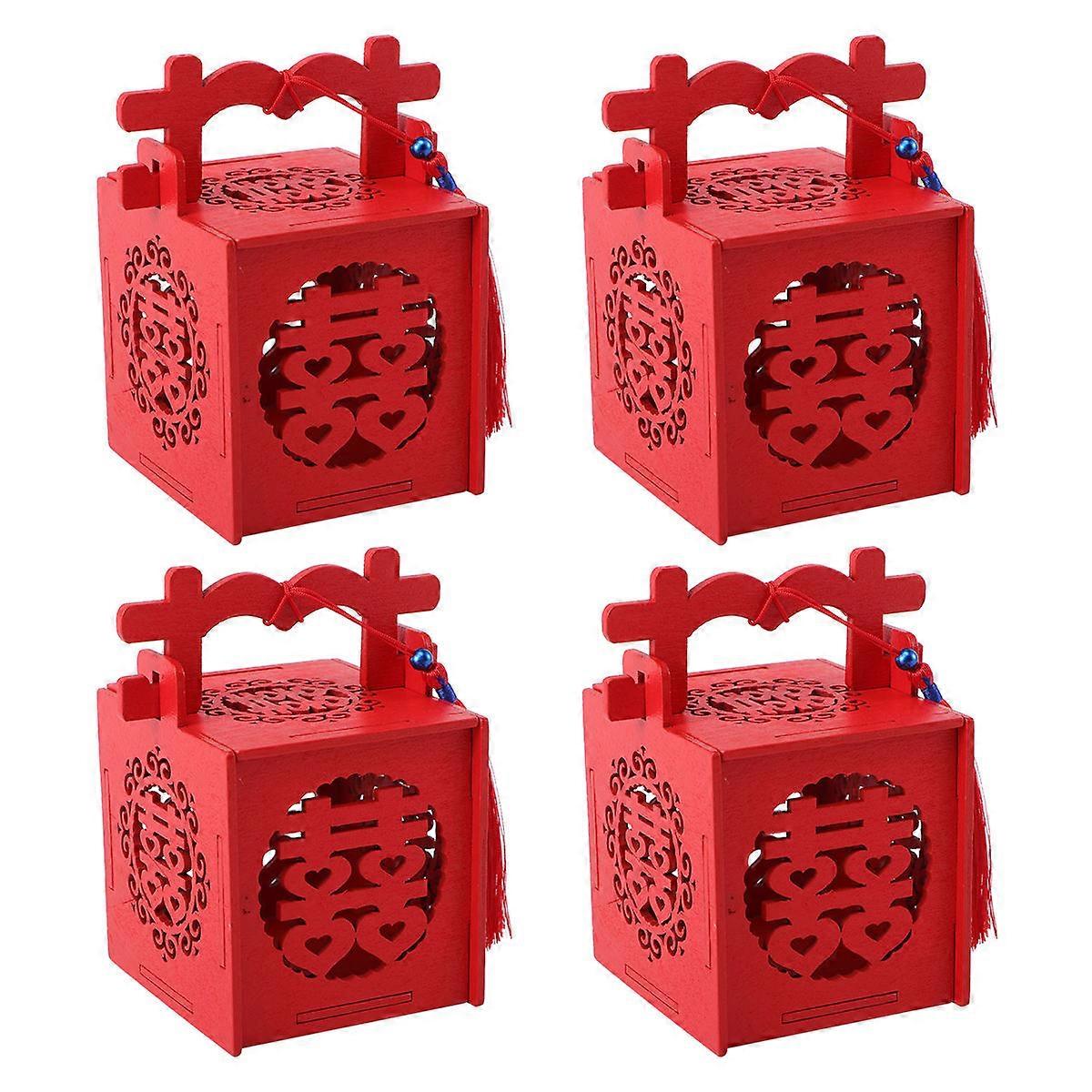 Red Wedding Candy Box Wooden Case for Holding Candy 4Pcs Elegant Style